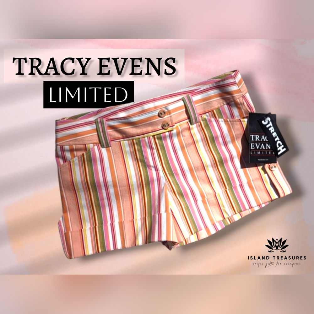 NWT Retro Boho Size 5 WHT/FSH/GRN Stripes Tracy Evans Limited Stretch Shorts
